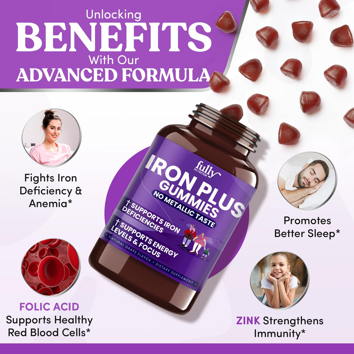 FULLY NUTRITION Iron Gummies Supplements for Adults (Women
