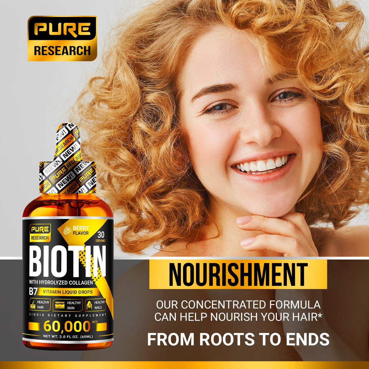 PURE RESEARCH Liquid Biotin & Collagen Hair Growth Drops 60,000mcg - 2 Fl Oz - image 6