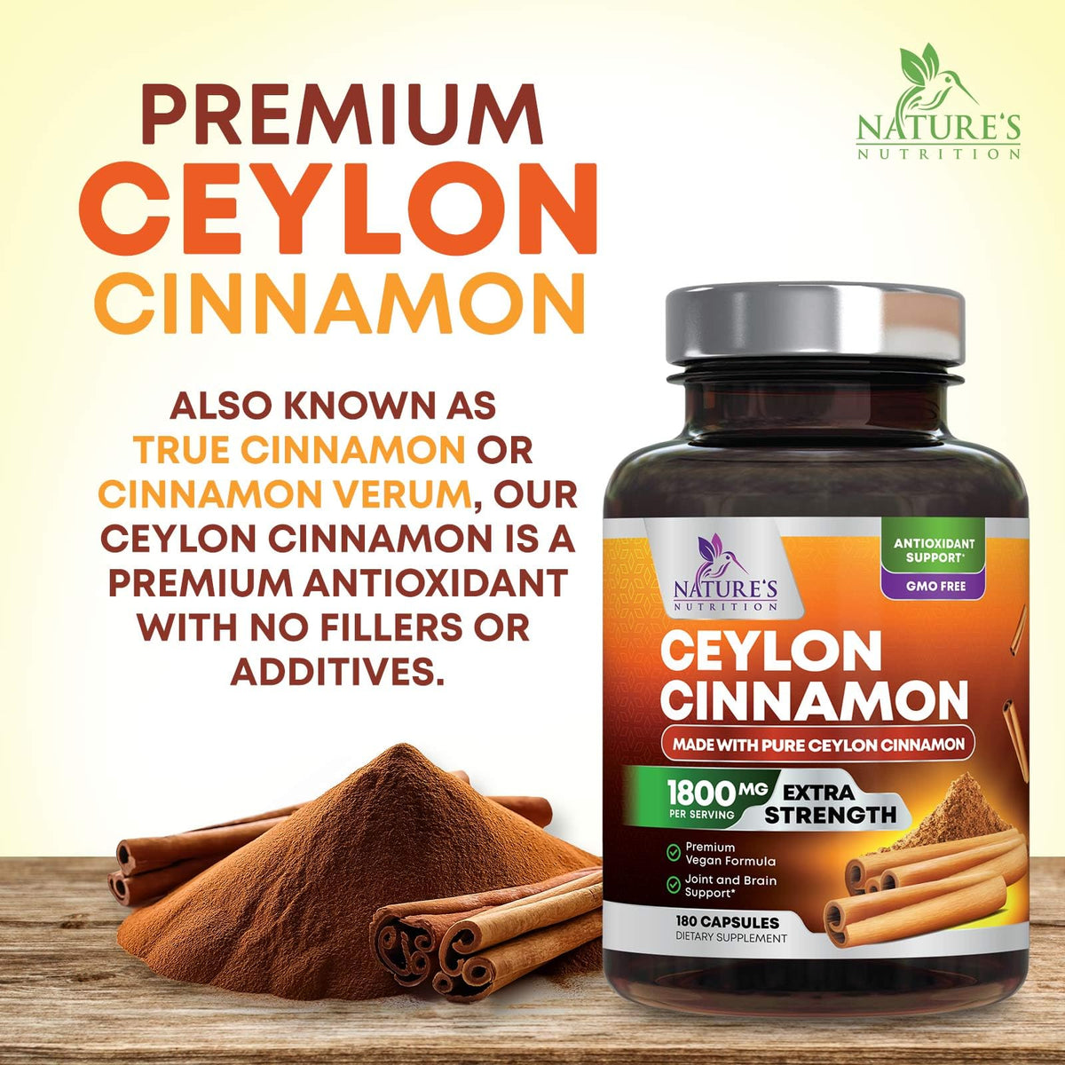 Nature's Nutrition Organic Ceylon Cinnamon Capsules 1800mg - Extra