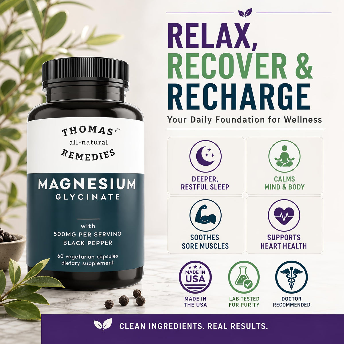 Thomas' All-Natural Magnesium Glycinate 500mg - 60 Vegetarian Capsules - image 2