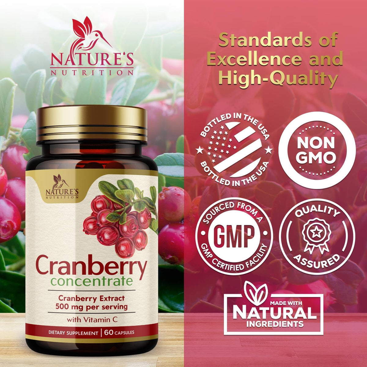 Nature's Nutrition Cranberry Pills Supplement 500mg Per Serving