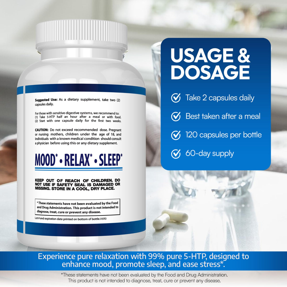 Arazo Nutrition 5-HTP 200 mg Plus Calcium for Mood & Sleep - 120 Capsules - image 4