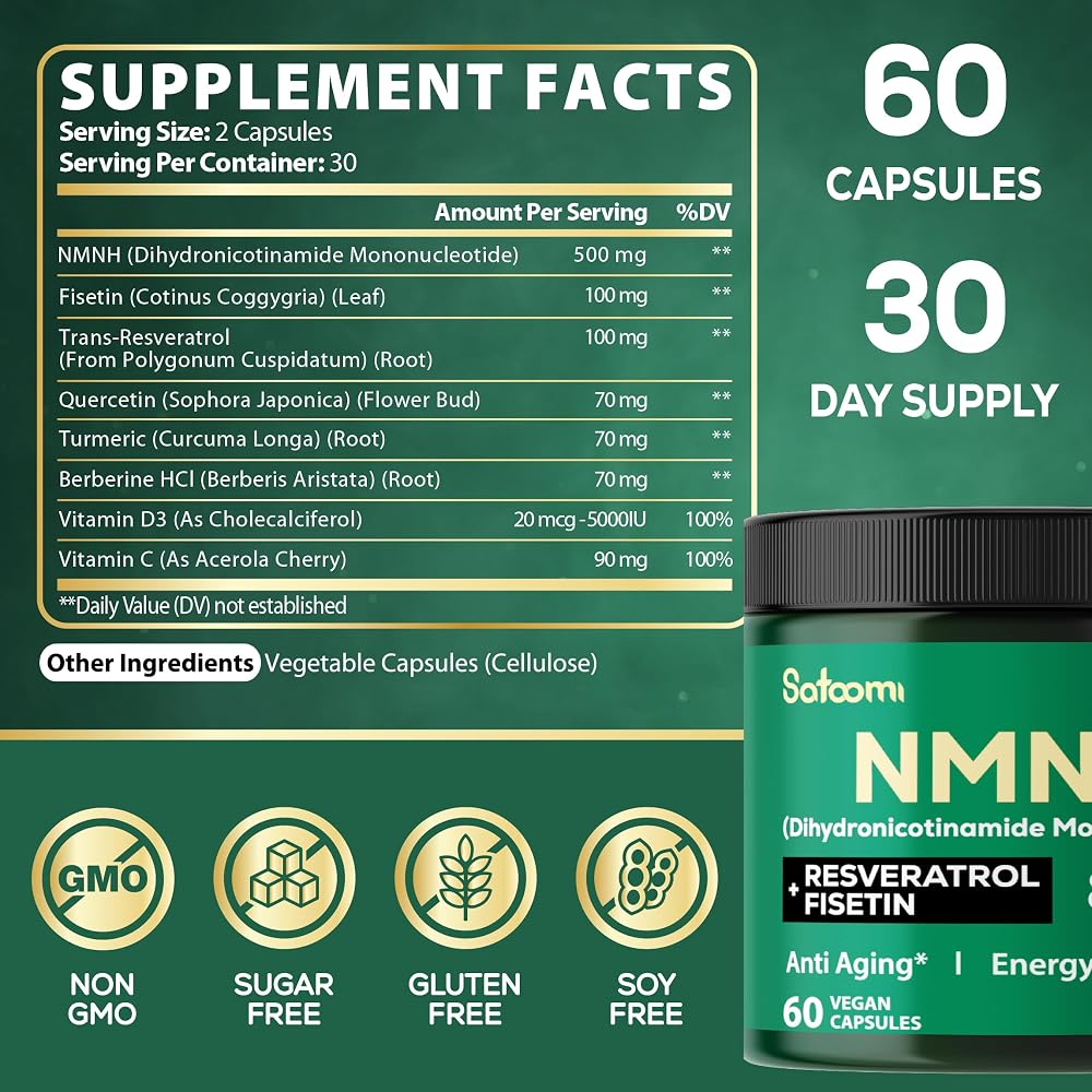 Satoomi 8in1 NMNH & NAD+ Supplement - 60 Capsules for 30 Days