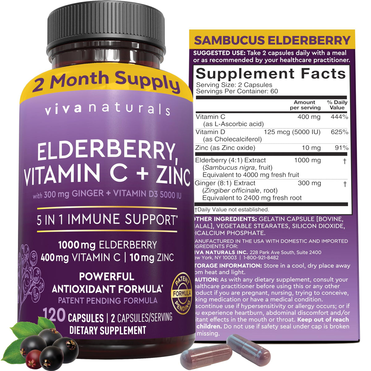 Viva Naturals Elderberry with Vitamin C and Zinc for Adults - 5 in 1