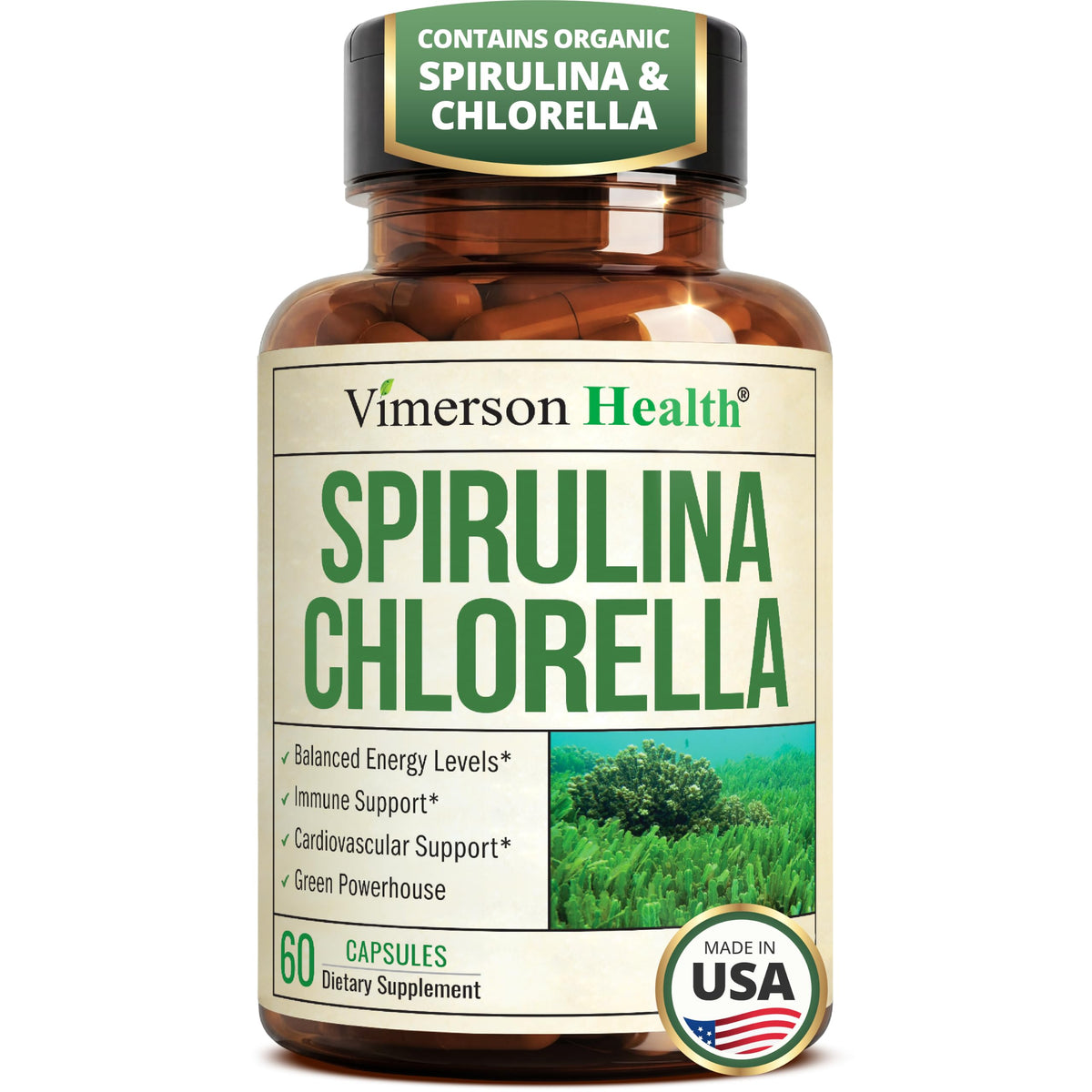 Vimerson Health Organic Spirulina Chlorella Capsules - 60 Count