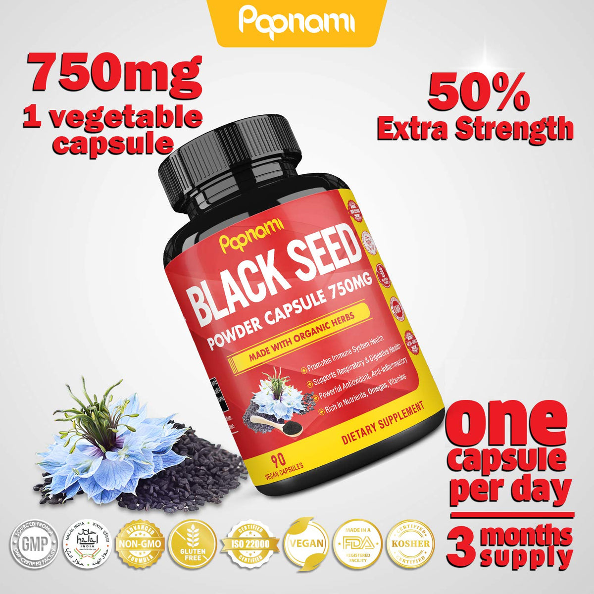 Papnami Black Seed Powder Capsules 750mg - 90 Count - image 2