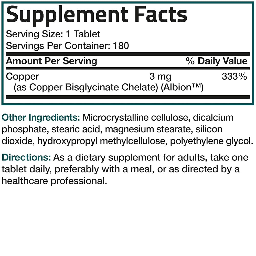 Bronson Copper 3 mg Bisglycinate Chelate - 180 Vegetarian Tablets - image 8