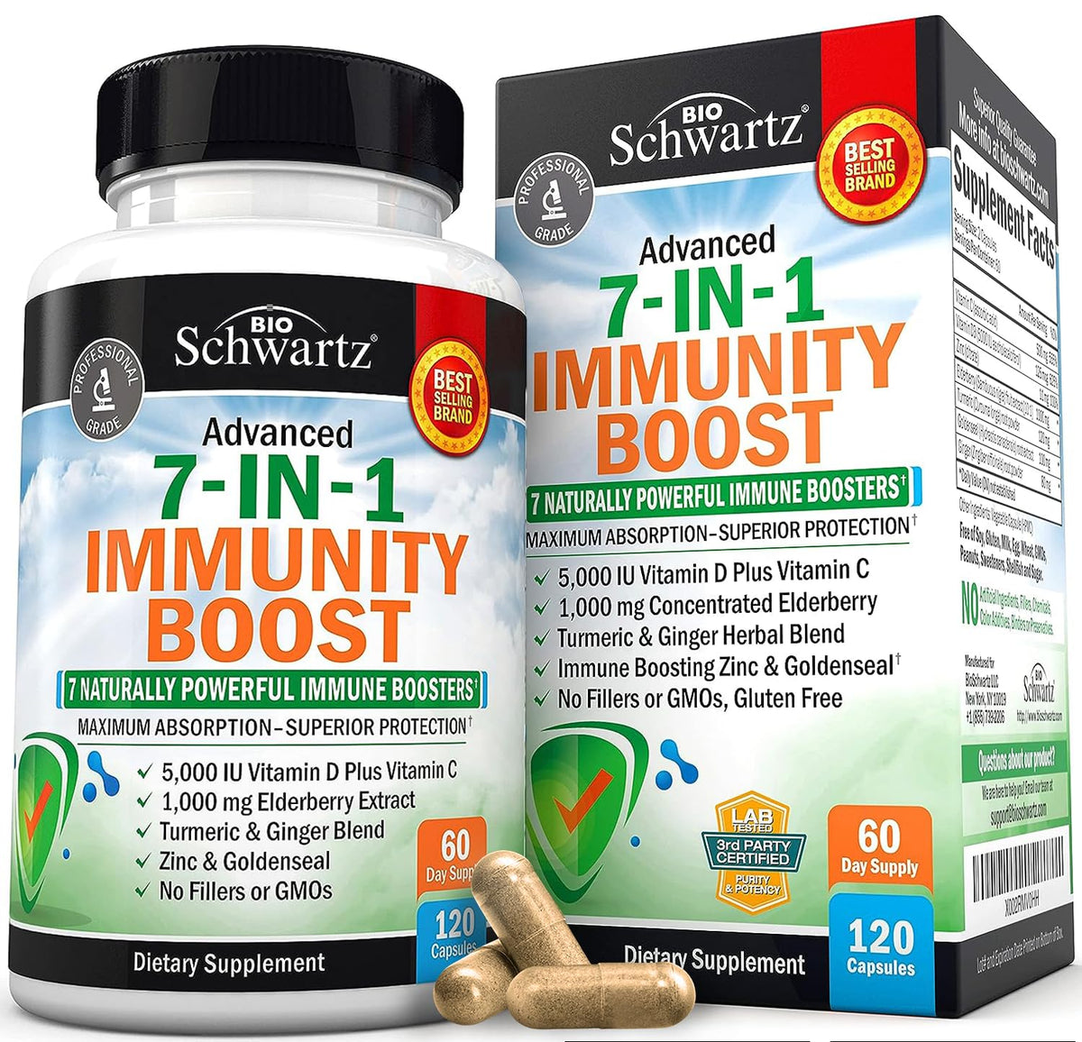 BioSchwartz Immune Support with Zinc Elderberry Vitamin D 5000 IU - 120 Capsules
