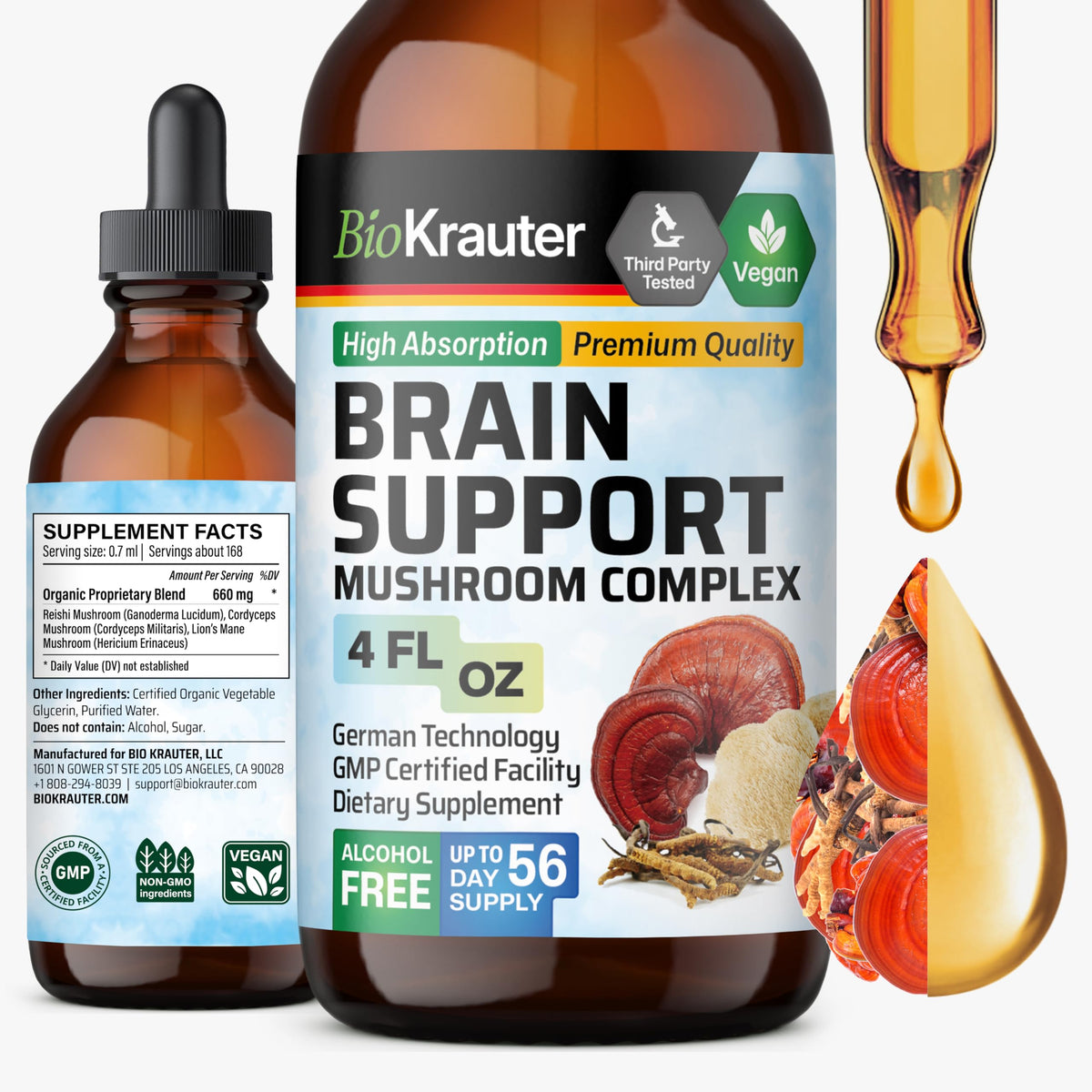 BIO KRAUTER 3-in-1 Mushroom Complex for Brain & Focus Support - 4 Fl Oz