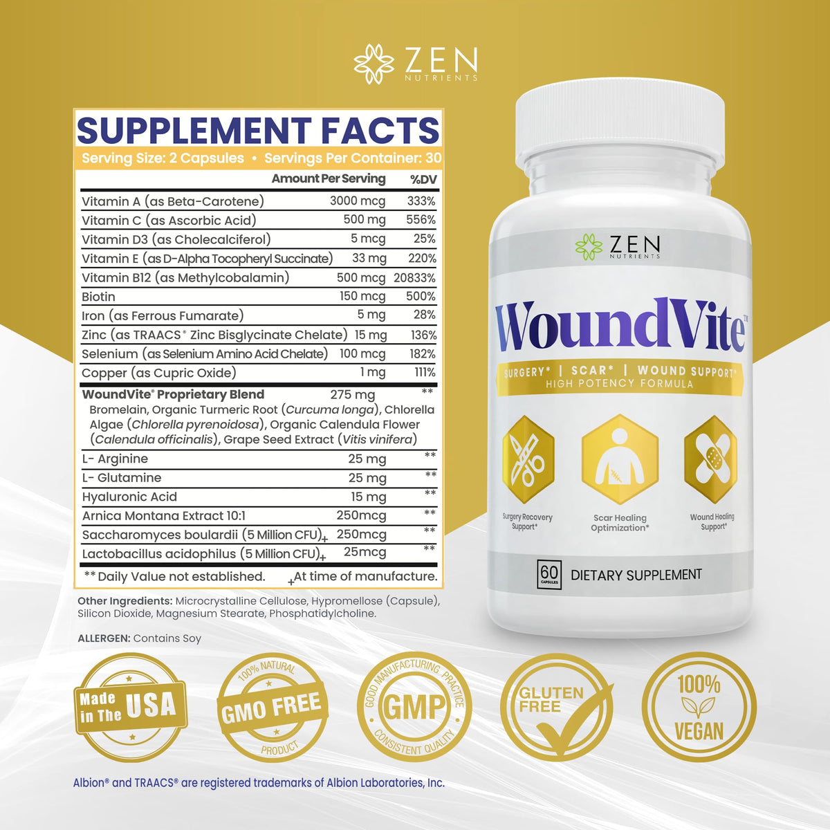 Zen Nutrients WoundVite Pre & Post Surgery Support - 60 Vegan Capsules - image 3