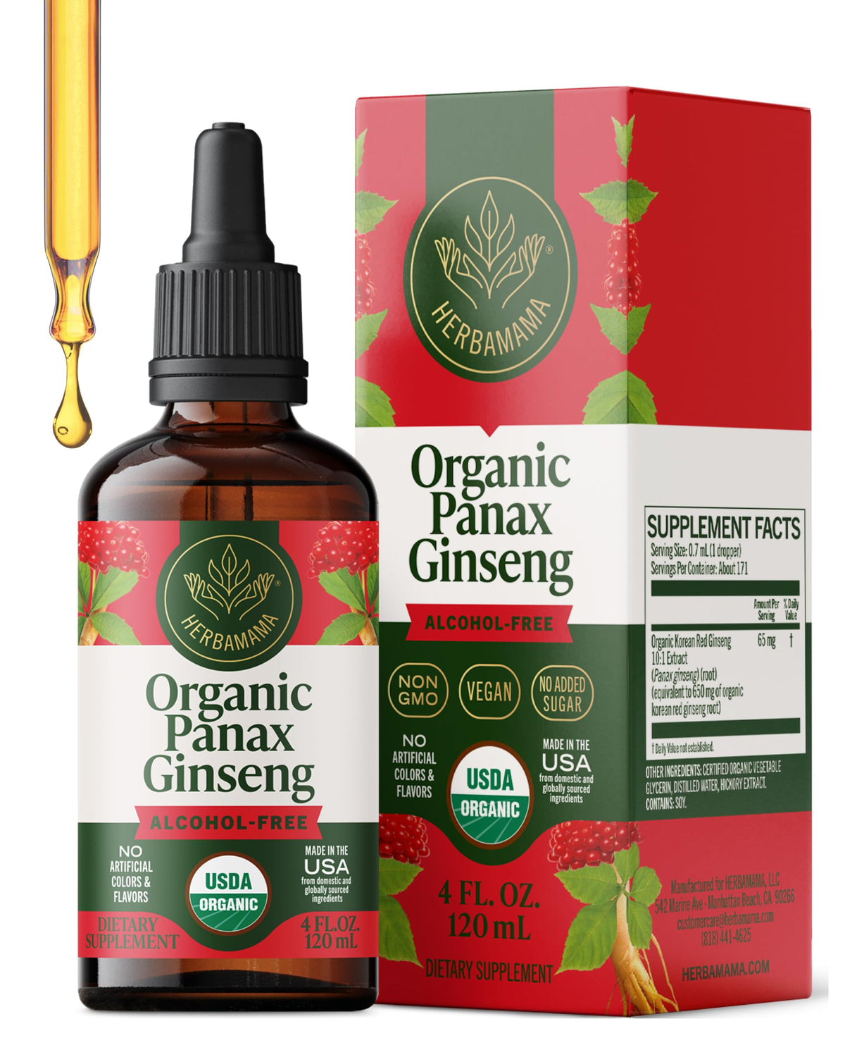 HERBAMAMA Panax Ginseng Tincture for Energy Support - 4 oz