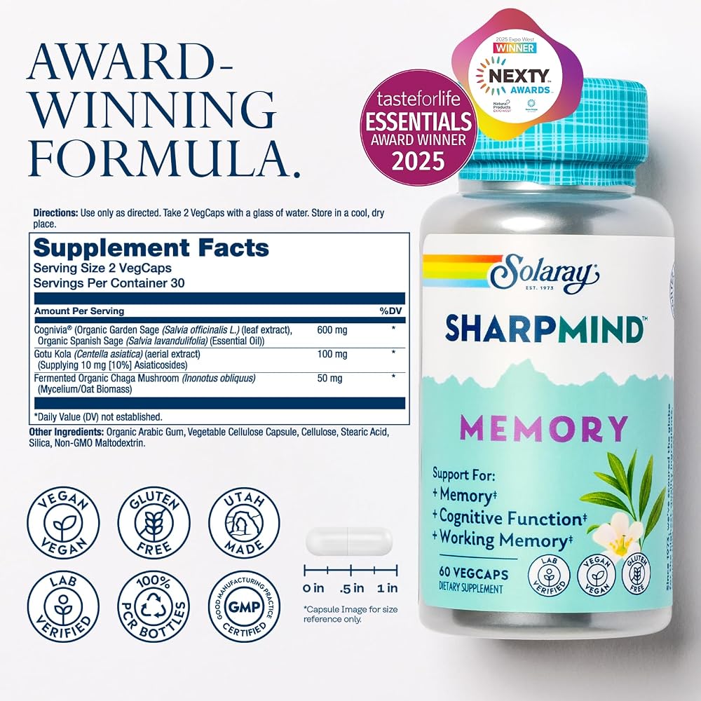 SOLARAY SharpMind Memory Formula Brain Supplement - 60 Vegetarian Capsules - image 2