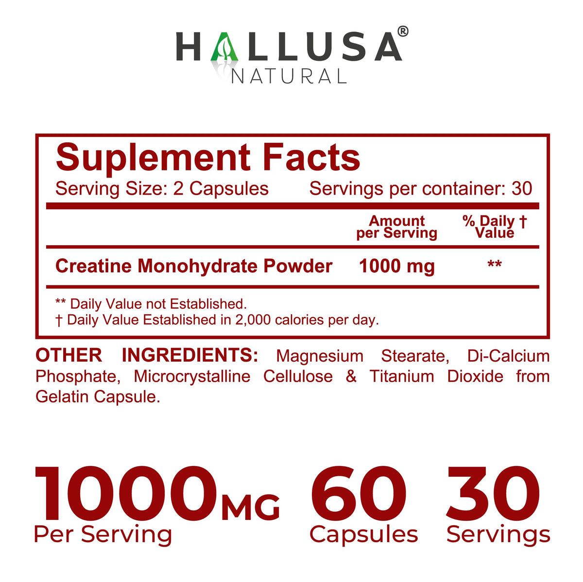 Hallusa Natural Creatine Monohydrate 1000 mg - 60 Capsules - image 3