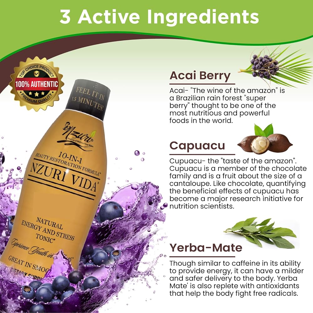Nzuri Vida All-Natural Energy & Stress Support Tonic - 3 x 32 oz - image 2