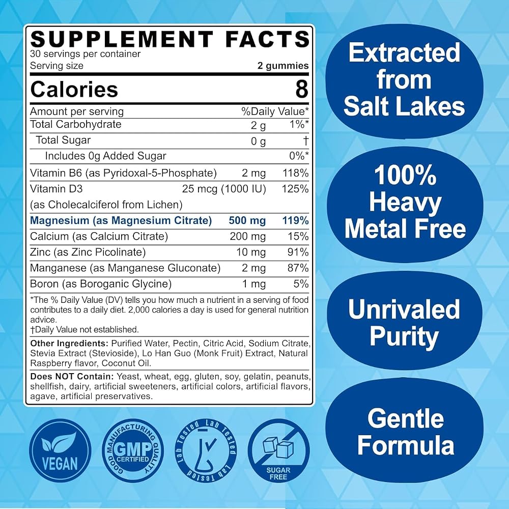 ELLAMENTZ Sugar Free Magnesium Citrate Gummies 500mg for Women Men