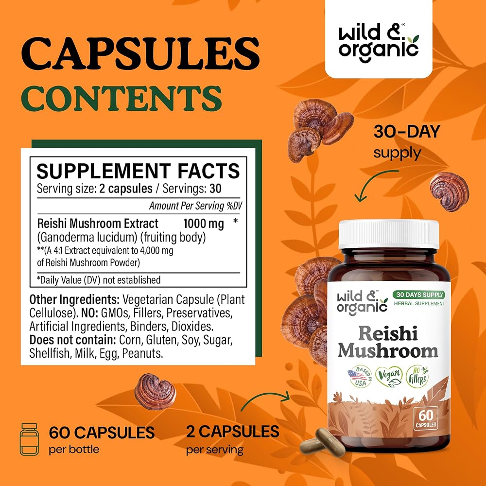 Wild & Organic Reishi Mushroom Capsules 1000mg Immune Support - 60 Count - image 3