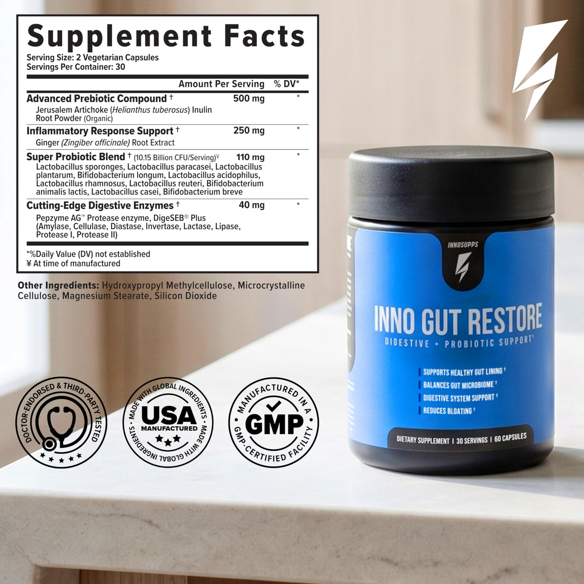 InnoSupps Inno Gut Restore Probiotic Prebiotic Digestive Enzymes - 60 Capsules - image 5
