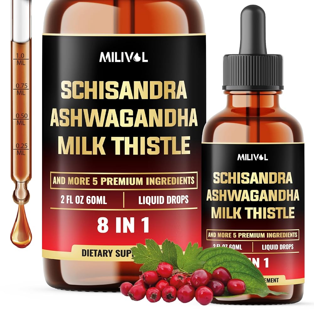 MILIVOL 8in1 Schisandra Berry Drops with Milk Thistle & Ashwagandha - 2 Fl Oz