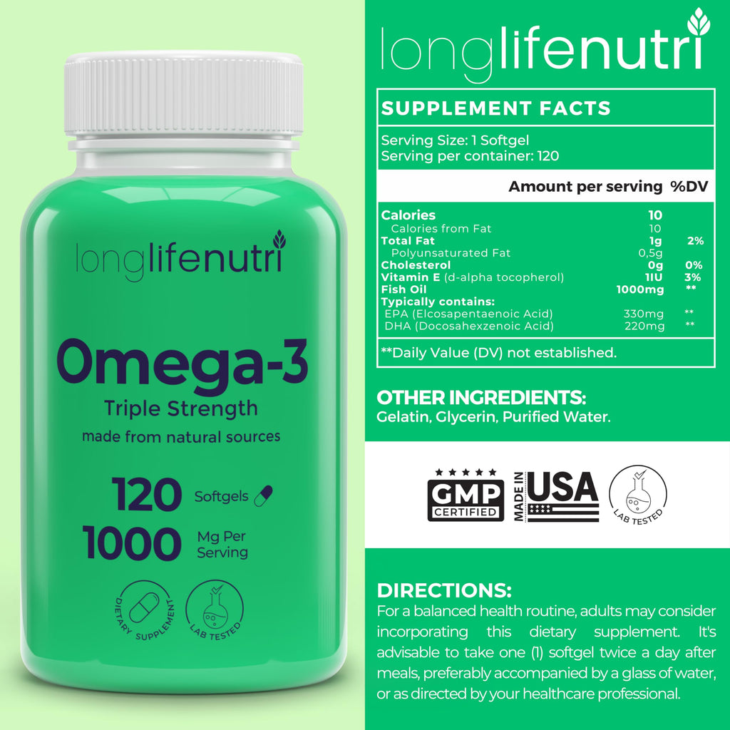 LongLifeNutri Omega 3 Fish Oil 1000mg EPA DHA - 120 Softgels - image 2