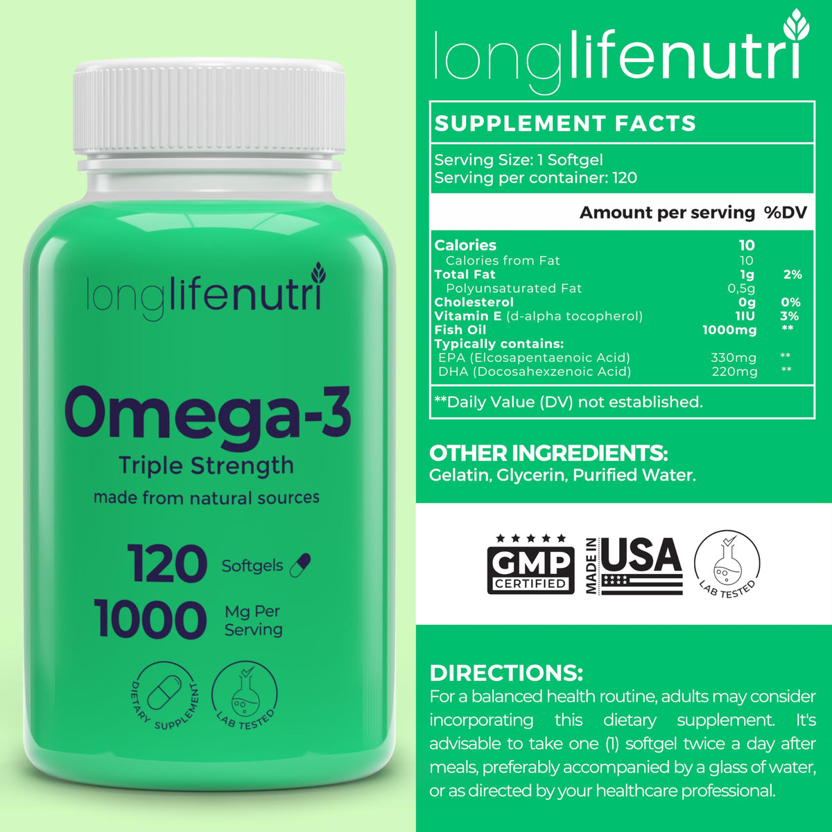 LongLifeNutri Omega 3 Fish Oil 1000mg EPA DHA - 120 Softgels - image 2
