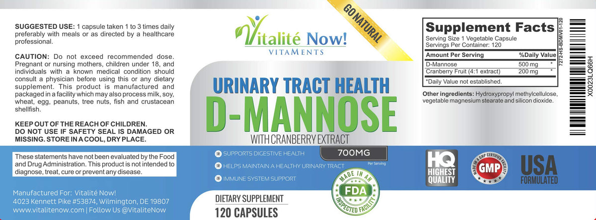 Vitalité Now! D-Mannose with Cranberry Extract - 120 Capsules - image 6