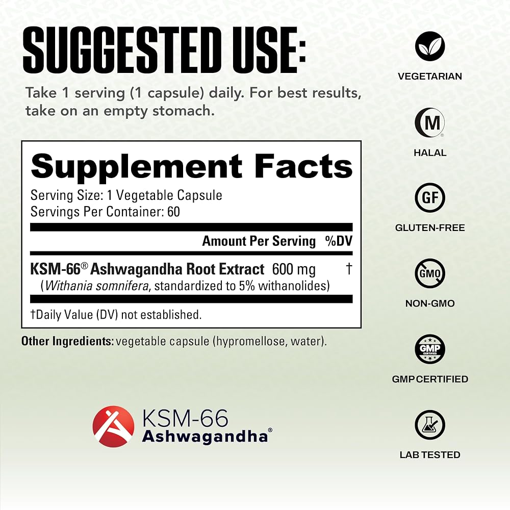 NutraBio Ashwagandha KSM-66 600 MG for Stress & Mood - 60 Capsules - image 3