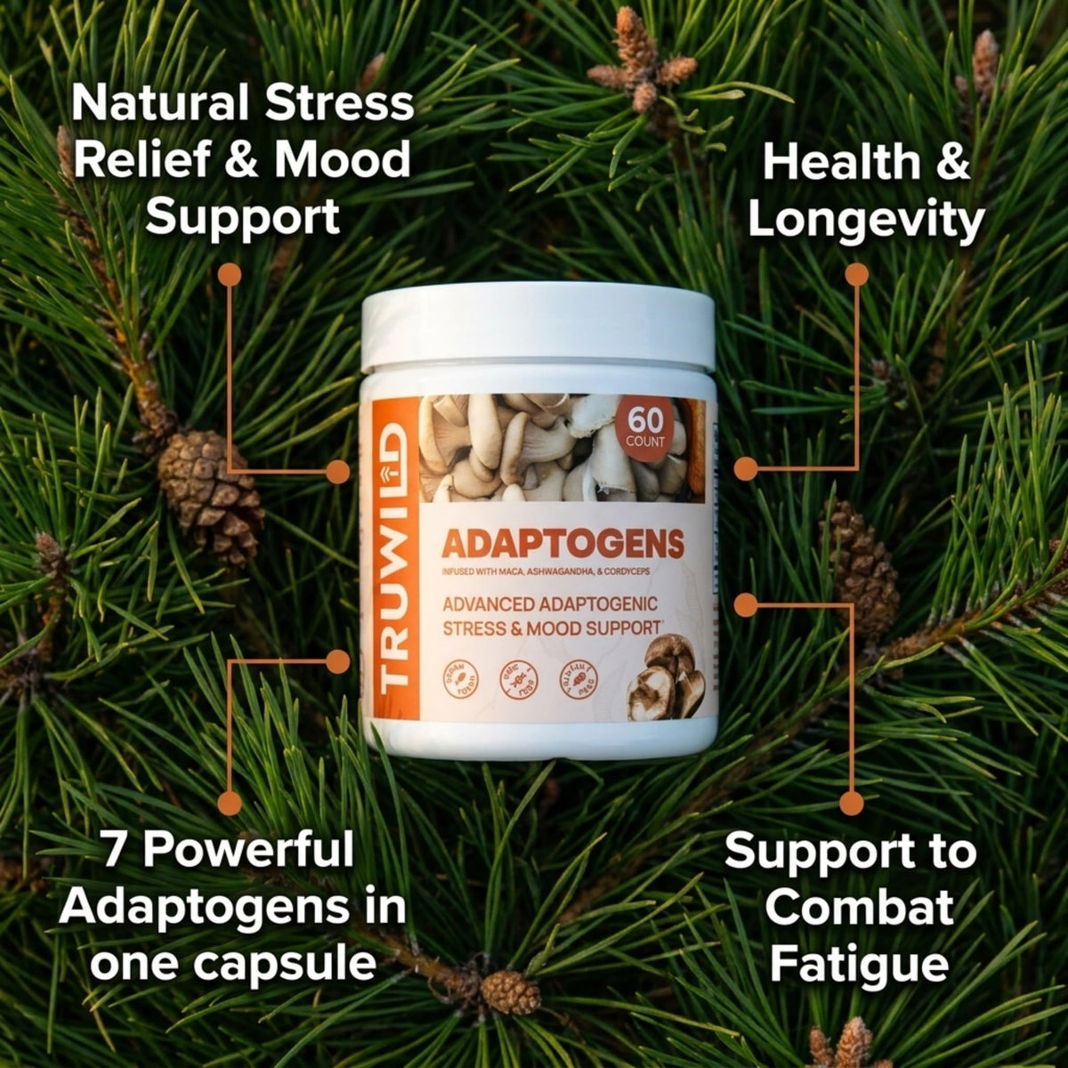 TruWild Adaptogens Vegan Capsule Supplement w/Ashwagandha + Maca