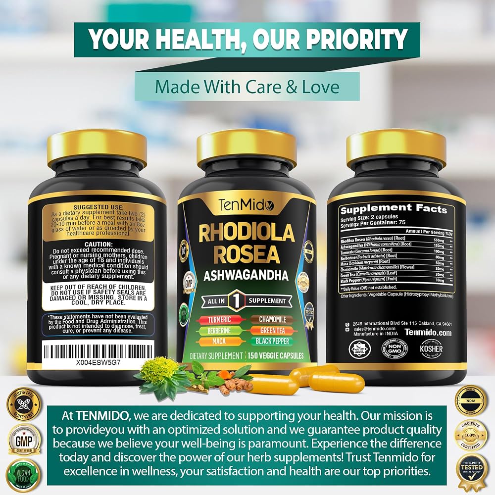 Tenmido Rhodiola Rosea 8in1 Formula - 150 Vegetarian Capsules - image 7