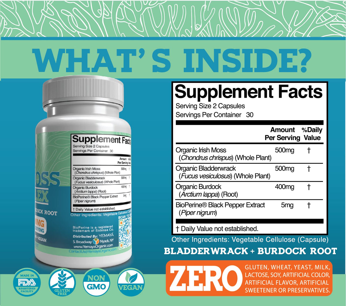 Yemayá Organic Sea Moss Capsules with Bladderwrack & Burdock Root - 60 Capsules - image 4