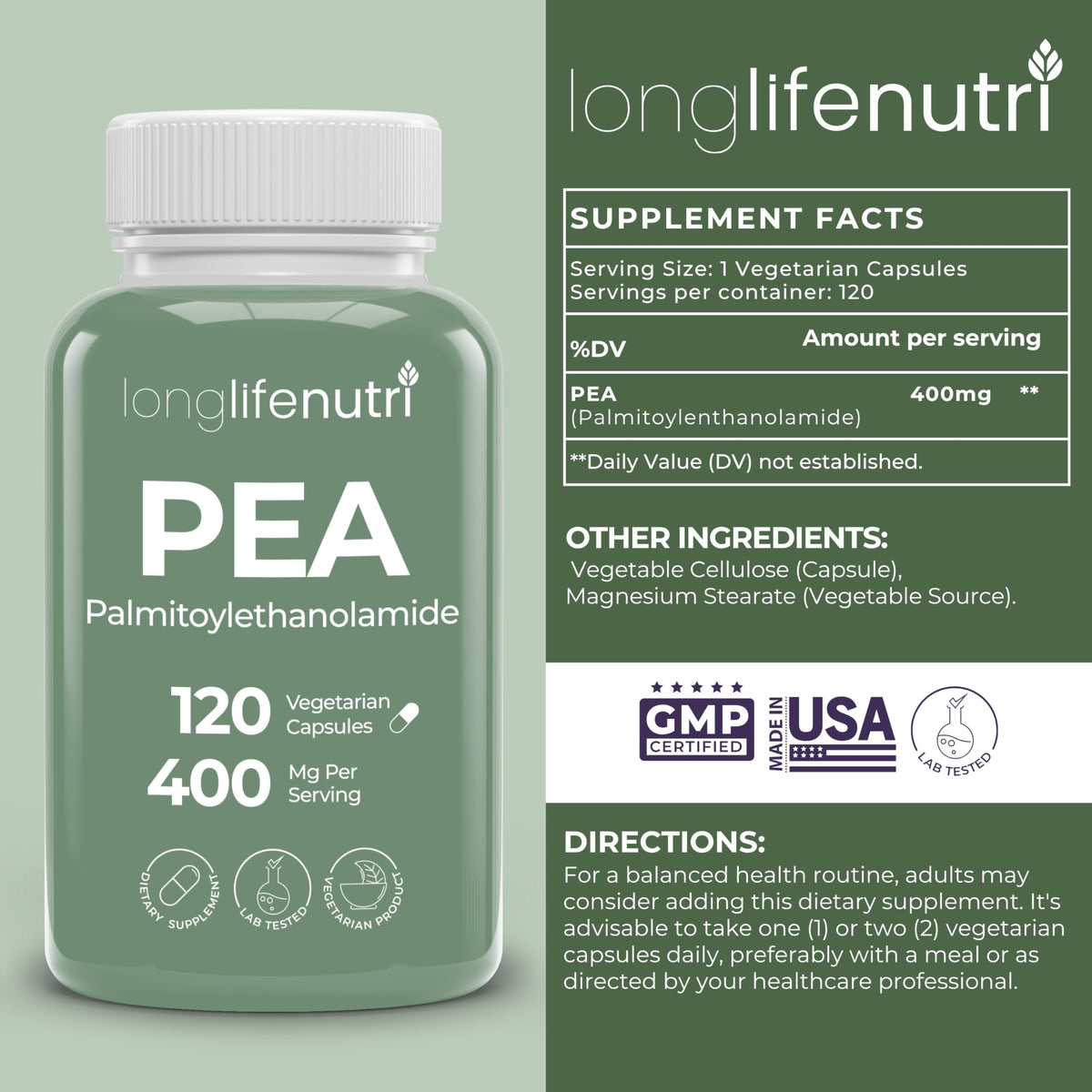 LongLifeNutri Palmitoylethanolamide (PEA) 400mg - 120 Vegetarian Capsules - image 2