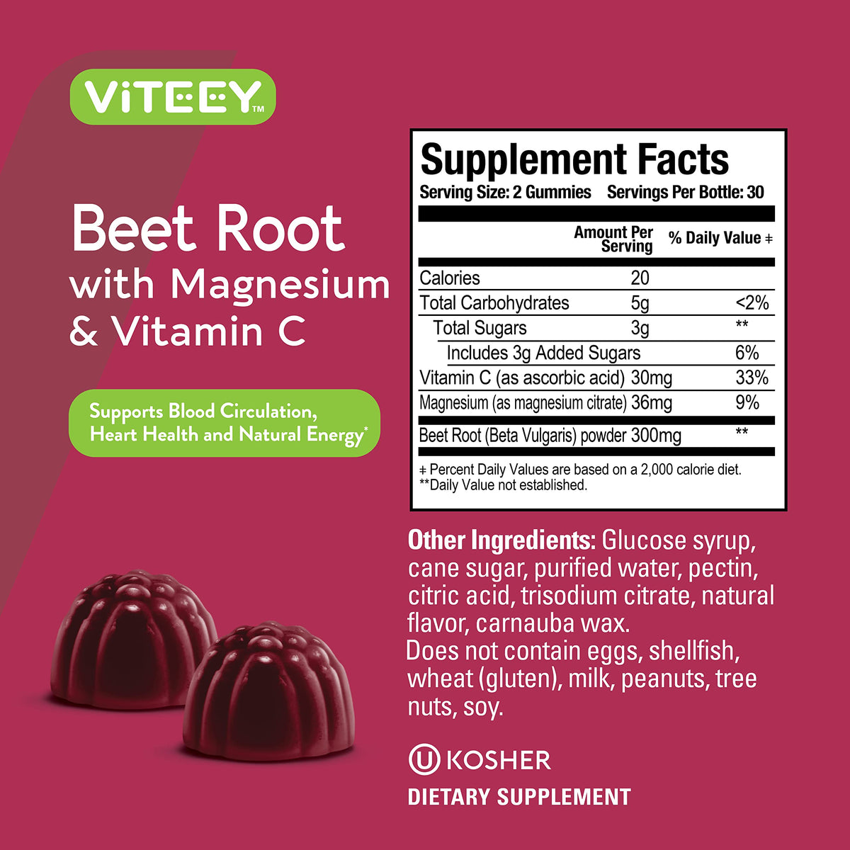 Viteey Beet Root Gummies with Magnesium & Vitamin C - Supports