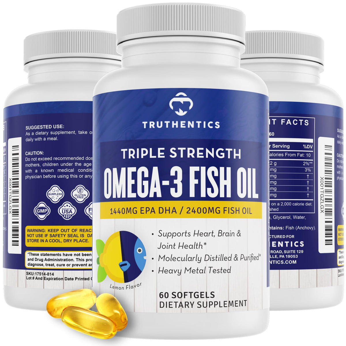 TRUTHENTICS Omega 3 Fish Oil 2400 mg - 60 Softgels