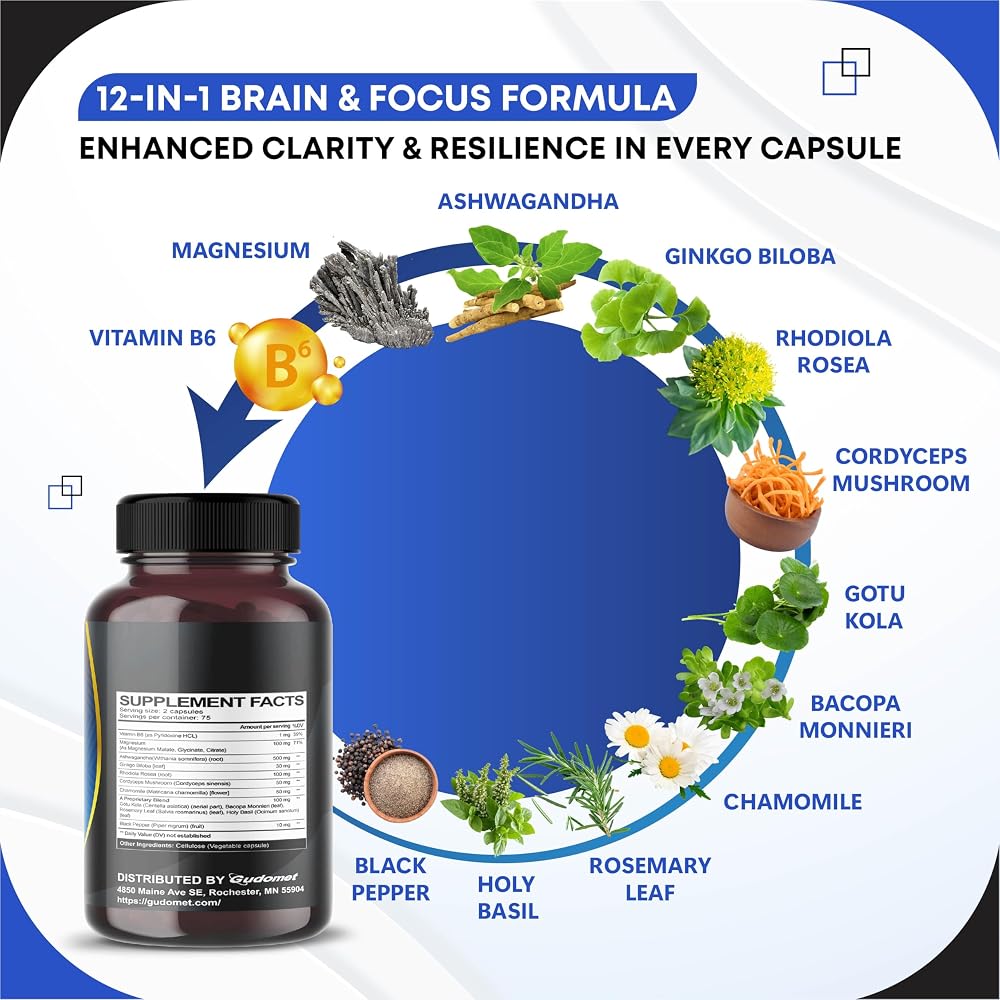 GUDOMET Brain Wellness 12-in-1 with Ashwagandha & Magnesium - 150 Capsules - image 3