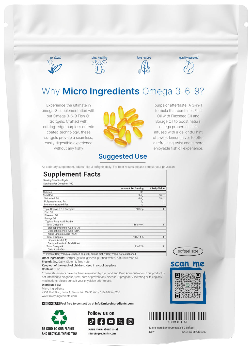 Micro Ingredients Omega 3-6-9 3600mg Heart & Brain Support - 300 Softgels - image 2