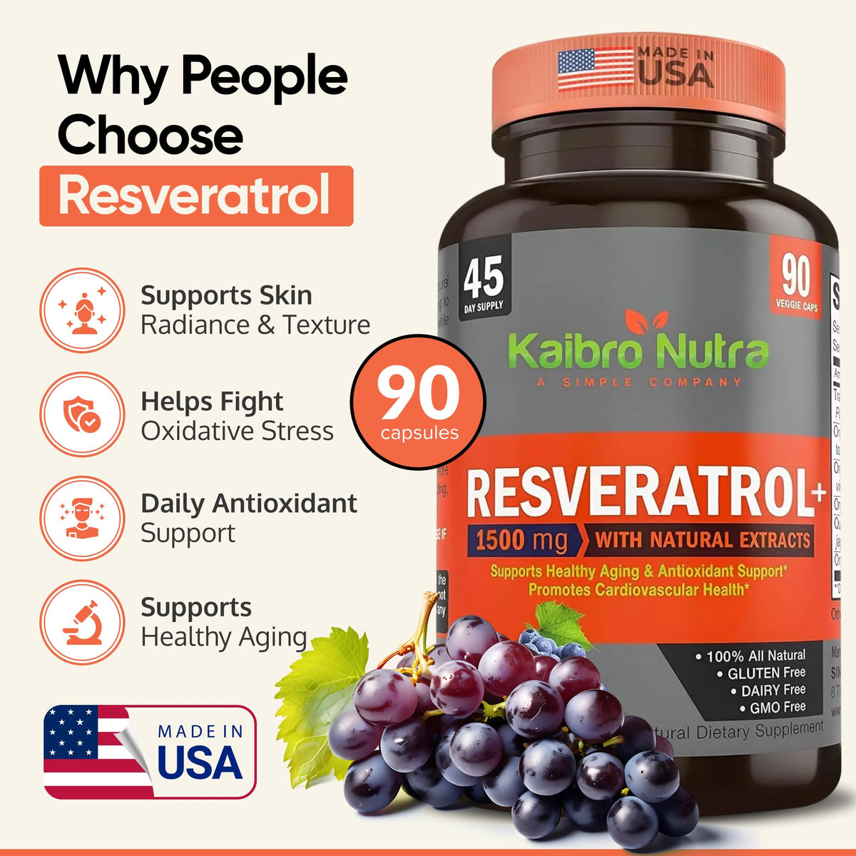 Kaibro Nutra Resveratrol Supplement 1500mg - 90 Capsules - image 2