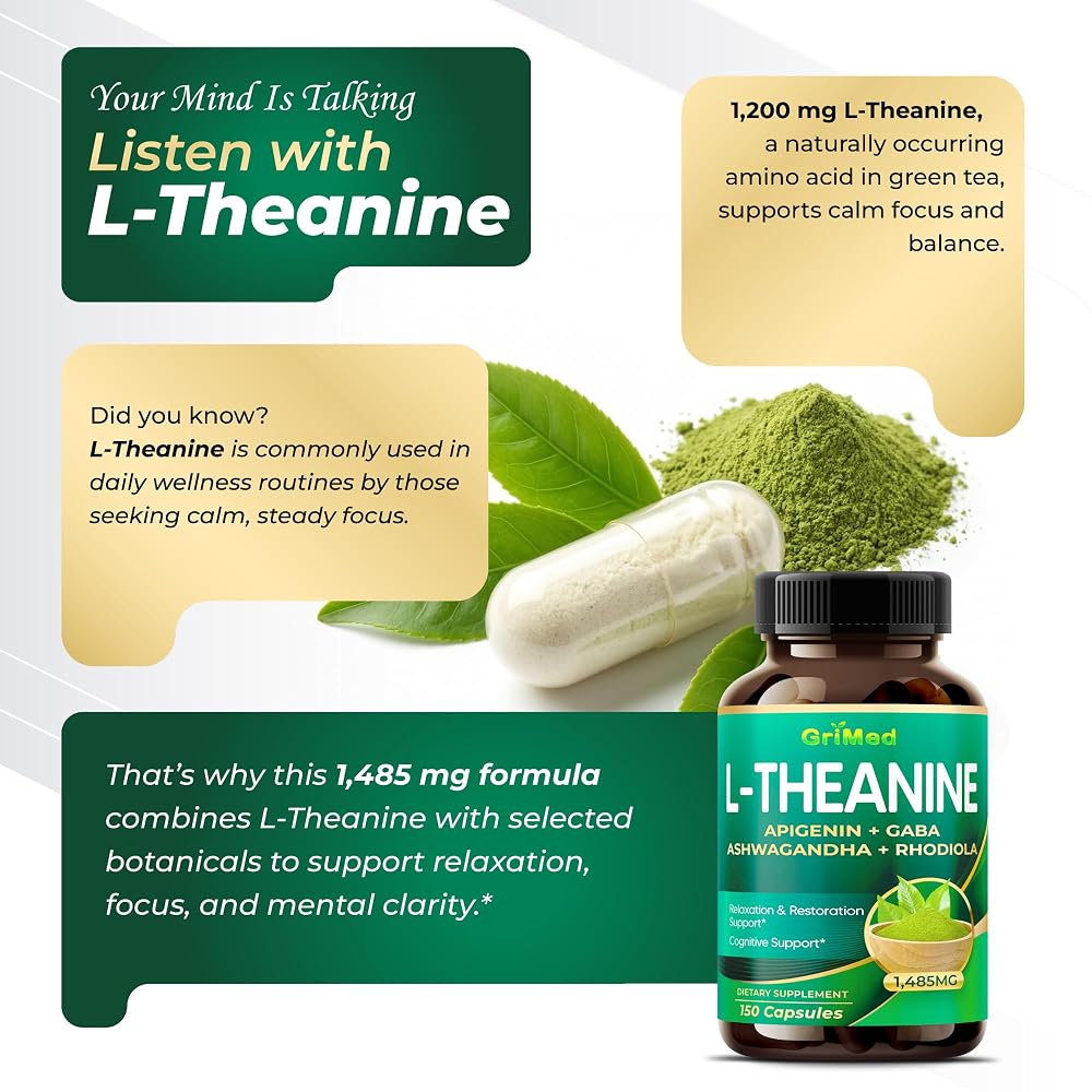 GriMed L-Theanine 1485 mg with Apigenin, GABA & Ashwagandha - 150 Capsules - image 3