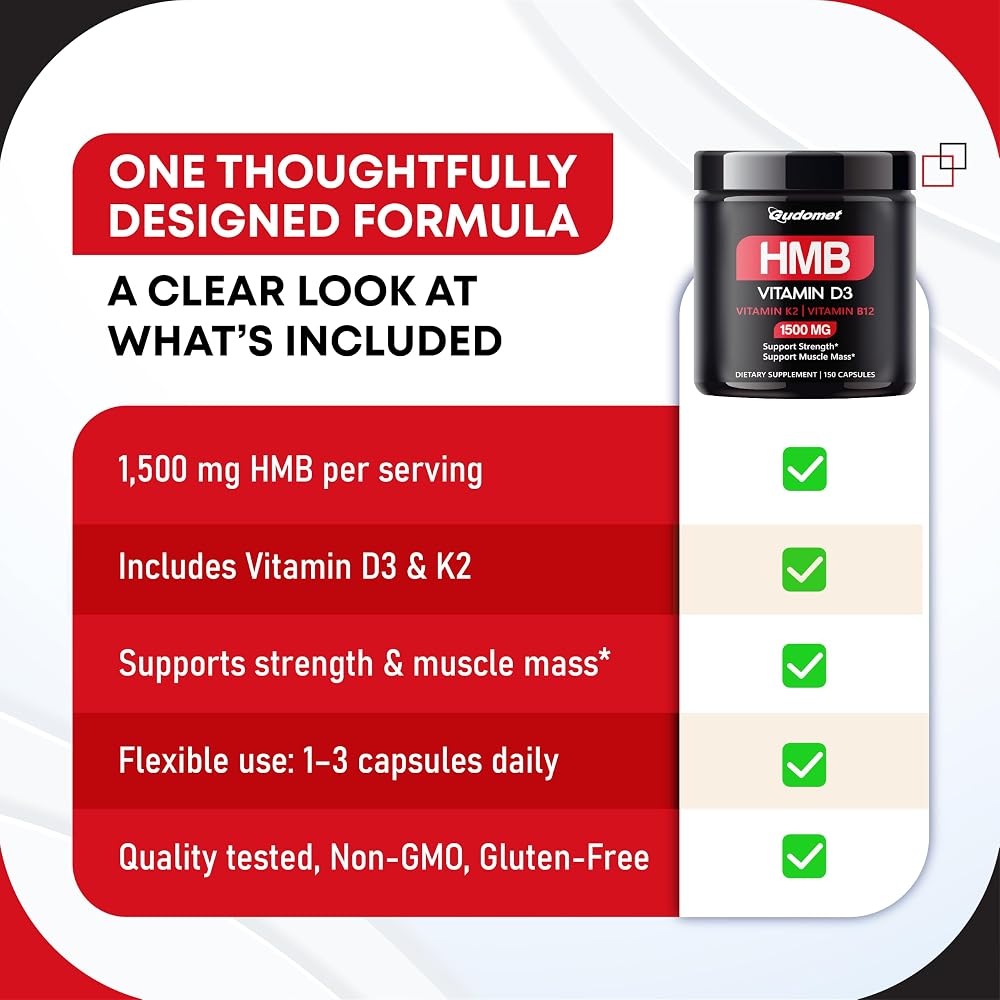 GUDOMET HMB Muscle & Strength 1,500 mg with Vitamin D3 & K2 - 150 Capsules - image 6