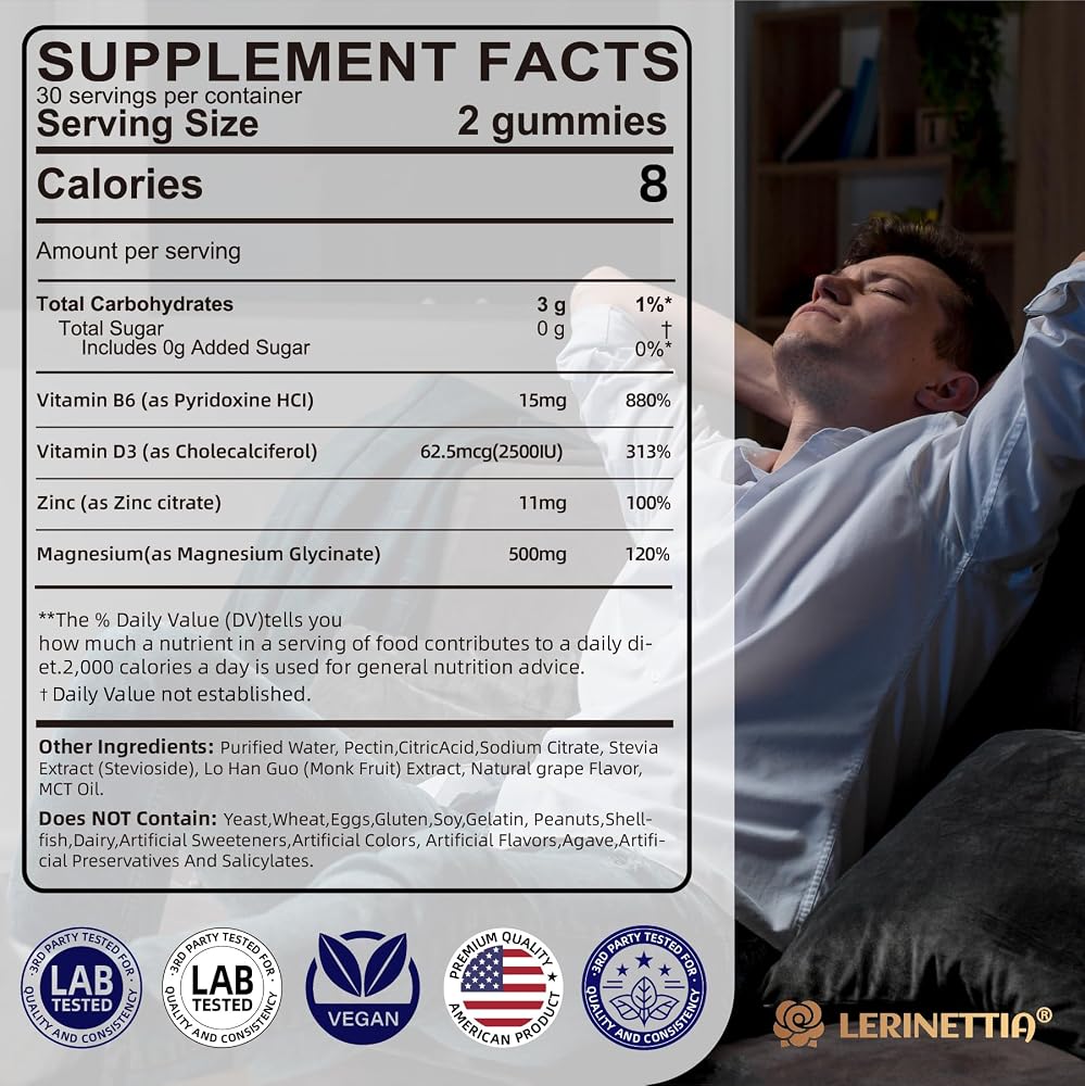 Lerinettia Magnesium Glycinate Gummies 500mg for Sleep - 120 Gummies - image 2