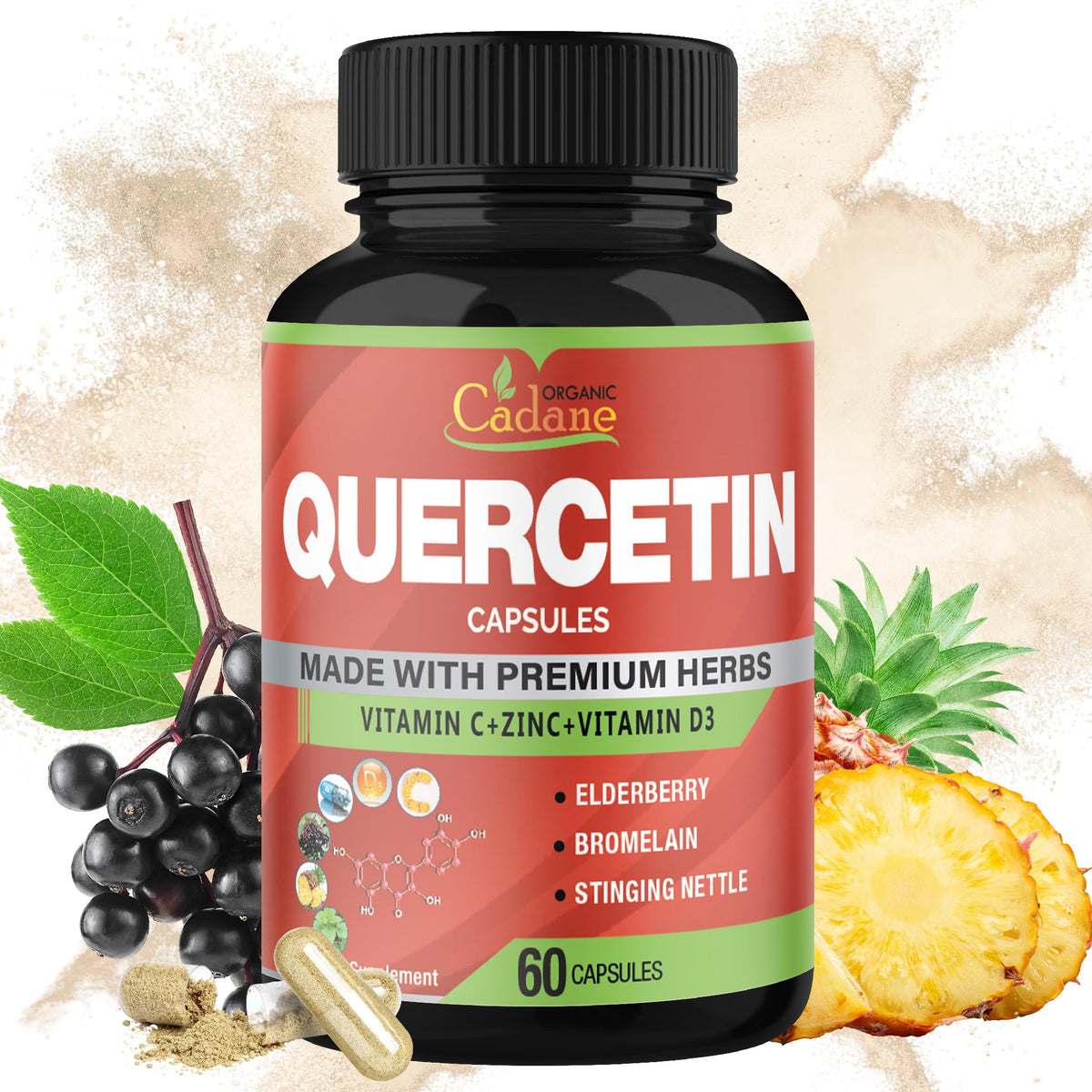 Organic Cadane Quercetin Extract with Vitamin C & D3 - 60 Capsules