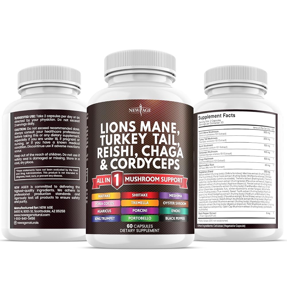 NEW AGE Lions Mane Mushroom Supplement with Turkey Tail Reishi
