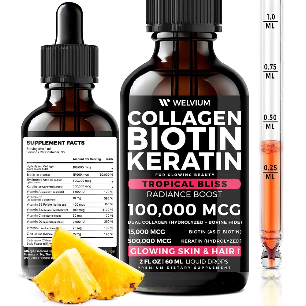 WELVIUM Liquid Biotin and Collagen Peptide Complex - 2 Fl Oz