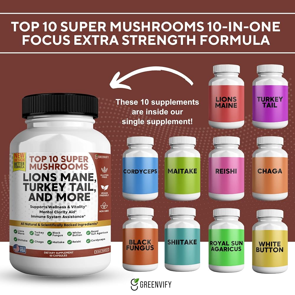 GREENVIFY Lions Mane 10 Super Mushrooms Supplement - Lions Mane