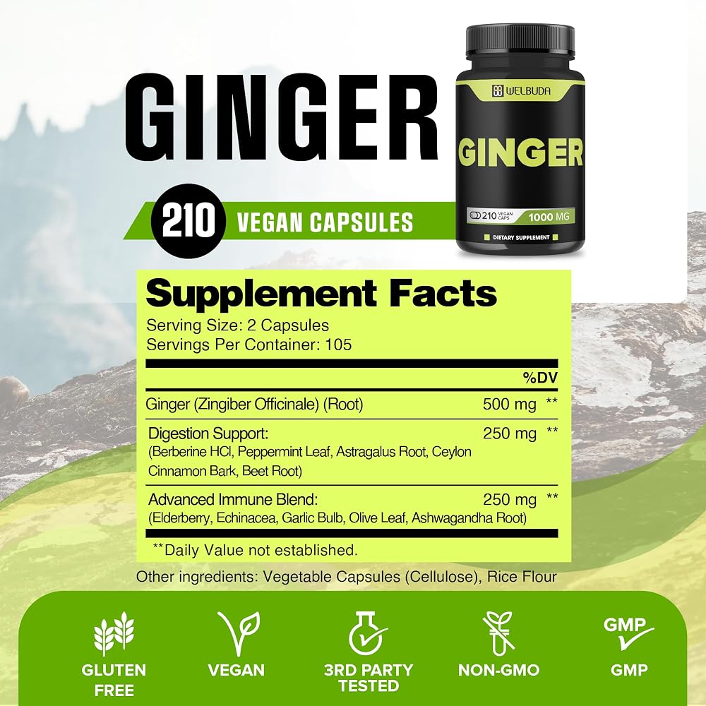 WELBUDA Ginger 1000mg Supplement with Berberine & Elderberry - 210 Capsules - image 2