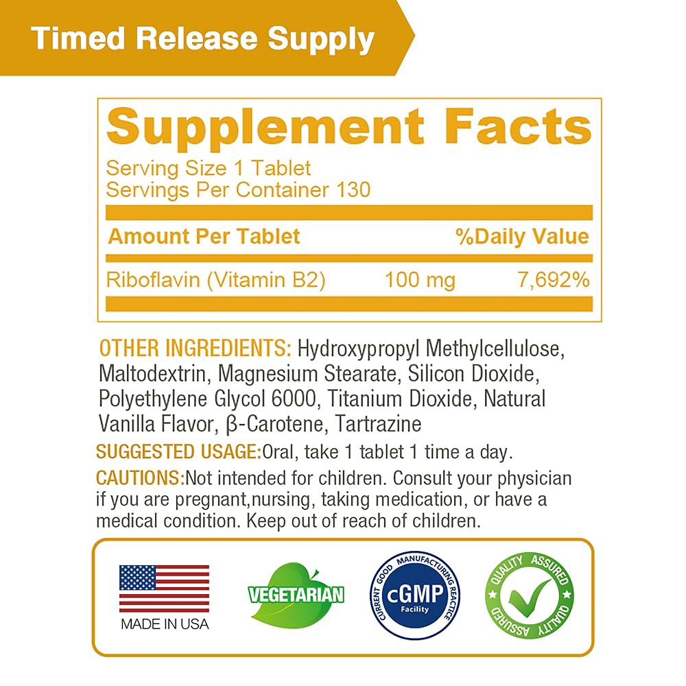LOVITA Vitamin B2 Riboflavin 100mg Timed Release - 130 Tablets - image 5