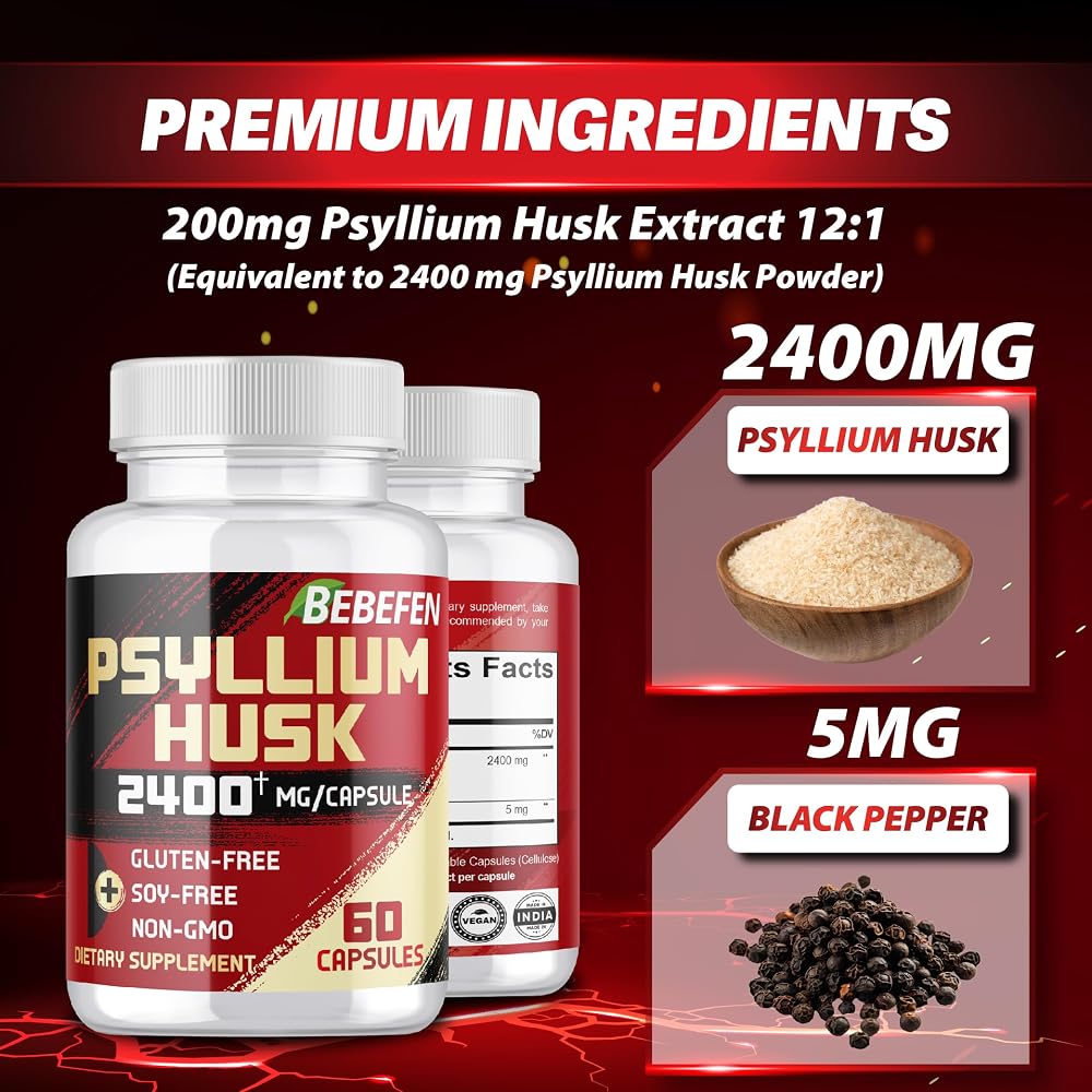 BEBEFEN Psyllium Husk Capsules 2400mg with Black Pepper - 60 Capsules - image 5