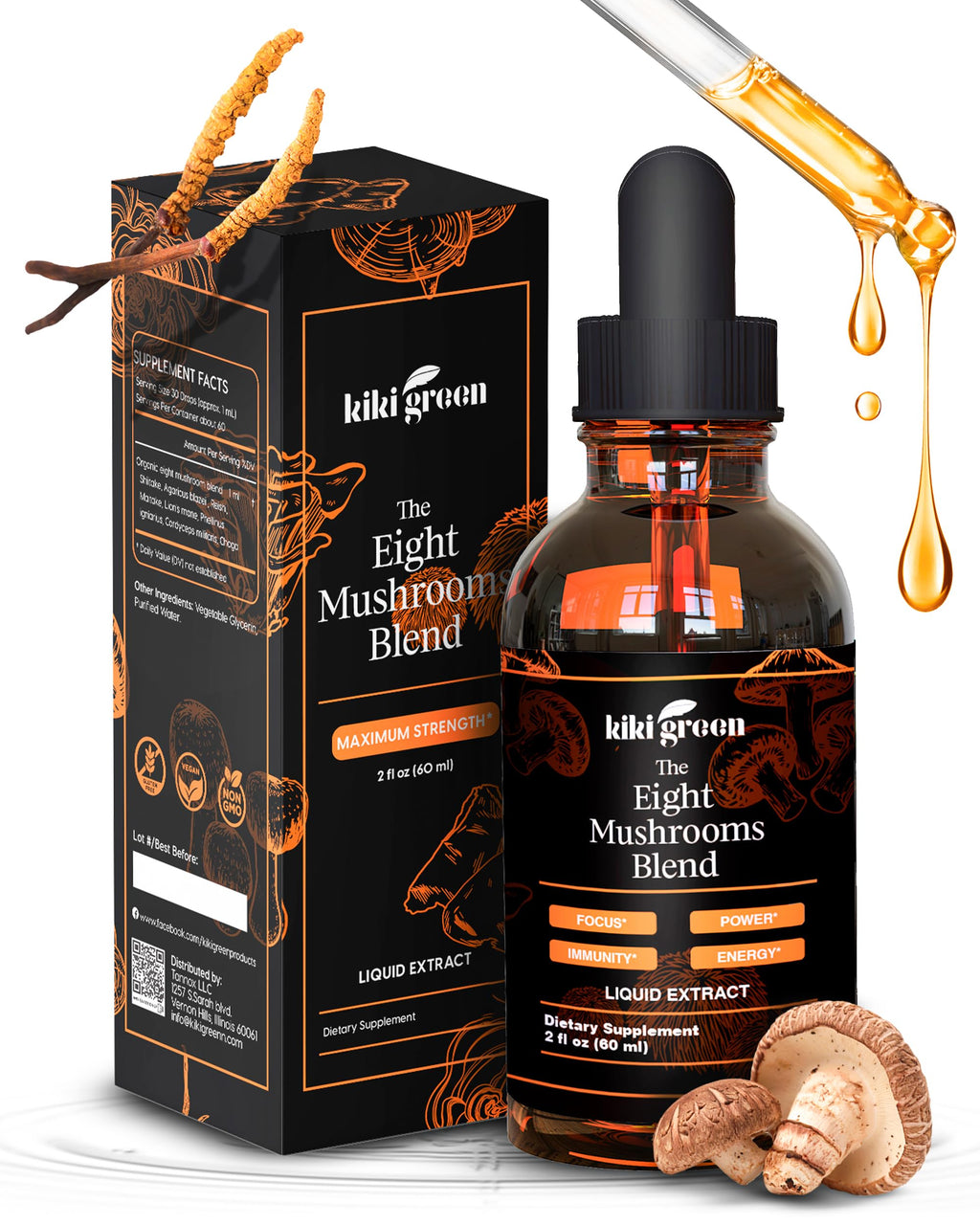 KIKI Green 8 Mushrooms Liquid Extract Drops for Cognitive Support
