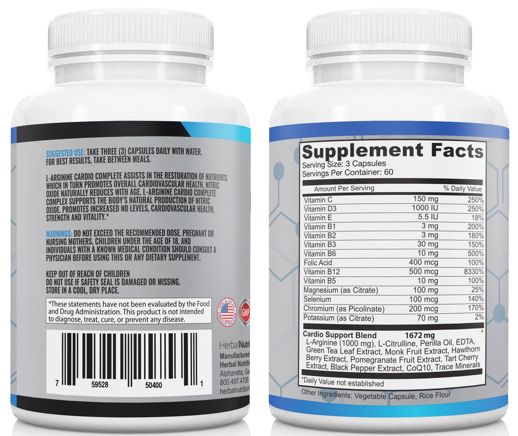 Herbal Nutrition L-Arginine Cardio Complete Nitric Oxide Support - 180 Capsules - image 9