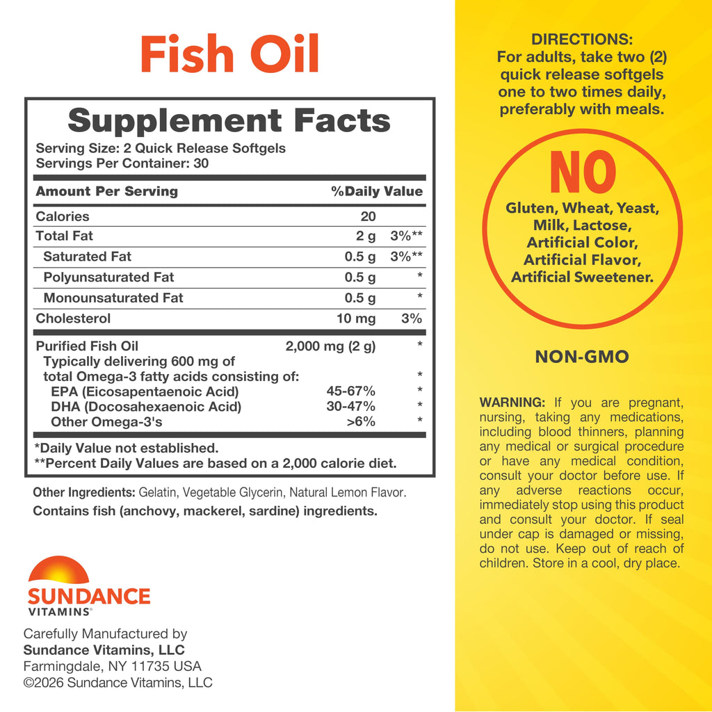 Sundance Fish Oil Omega 3 Supplement 1000mg - 60 Softgels - image 2