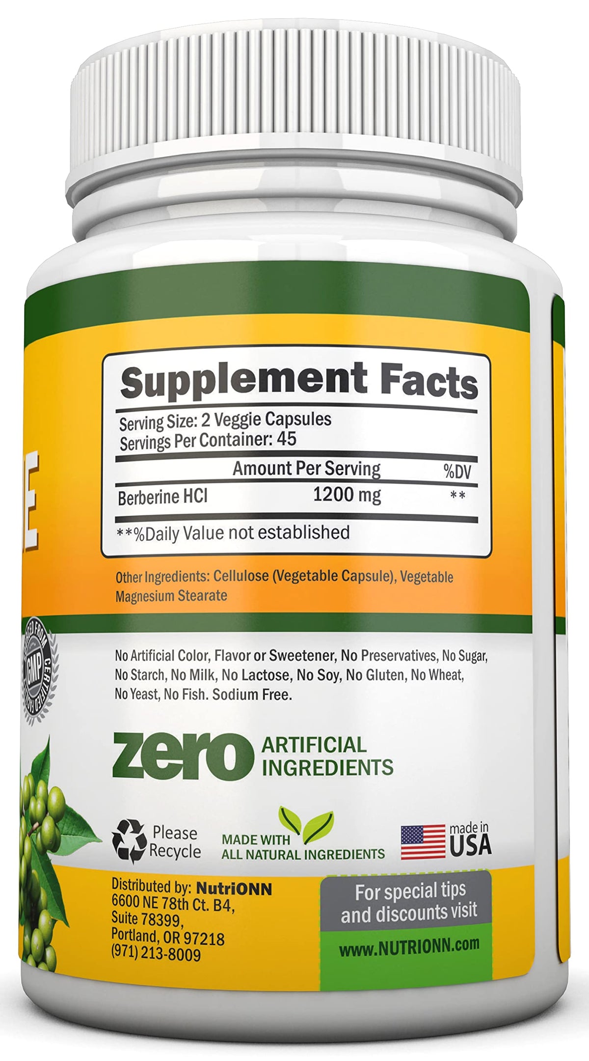 NutriONN Berberine 1200 mg - 90 Vegetarian Capsules - image 2