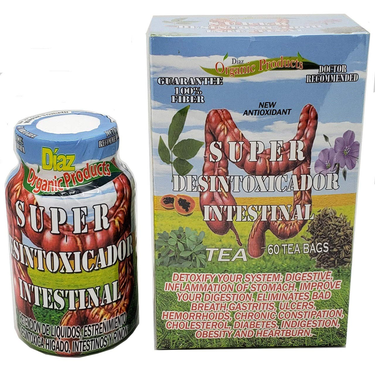 Diaz Super Desintoxicador Intestinal Kit - 60 Teabags & 90 Capsules